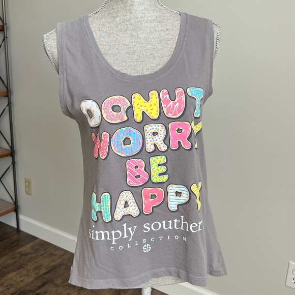 Simply Southern Tank Top “Donut Worry Be Happy” Tee | Grey/Multi | S - Picture 3 of 12